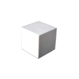 A white stress cube with a smooth surface, featuring a branding logo on one face.