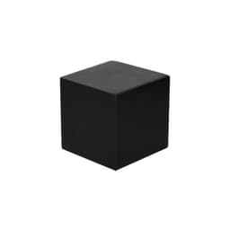 A black cubic stress relief toy with a smooth surface, featuring a logo on one side.