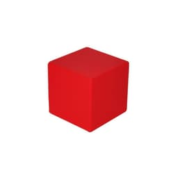 A red cubic stress toy with a smooth surface. The item has a simple design and includes a logo.