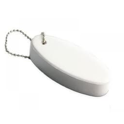 A white floating keyring with a smooth, oval shape attached to a silver chain.
