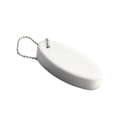 A white floating keyring with an oval shape and a metal chain for attachment. It features a logo on its surface.