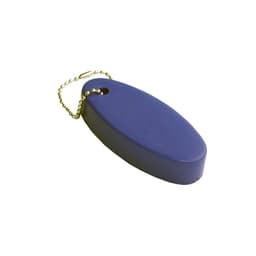 A blue floating keyring with an oval shape, attached to a metal ball chain. It has a logo.
