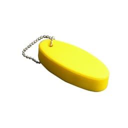 A yellow floating keyring with a chain attached. It has an oval shape and a smooth surface.