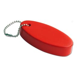 A red floating keyring with a smooth oval shape attached to a small metal chain.