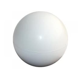 A white stress ball in a spherical shape with a smooth surface. It features a logo on one side.