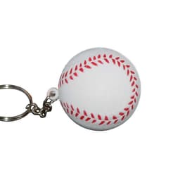 A keyring in the shape of a baseball, featuring a white surface with red stitching and a metal keyring attachment.