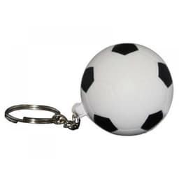 A keyring featuring a small white soccer ball with black patches and a metal keychain.