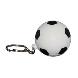 A soccer ball keyring featuring a white design with black patches and a metal keyring attachment.