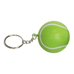 A green tennis ball keyring with white detailing, attached to a silver metal keychain.