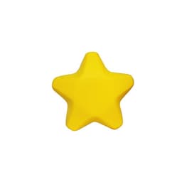 A yellow star-shaped stress relief toy, featuring a smooth surface and rounded edges. It includes a logo.