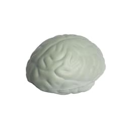 A stress ball designed in the shape of a brain, featuring a grey, textured surface.