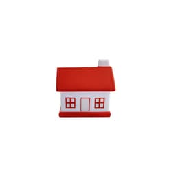 A decorative house-shaped item featuring a red roof, red accents, and a white base. Includes windows and a door.