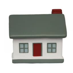 A decorative house figurine in grey and white with a red door and a chimney. It features two windows.