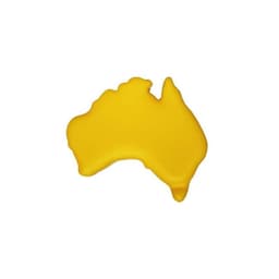A yellow map-shaped promotional product of Australia, with a smooth, glossy finish. It features a logo.