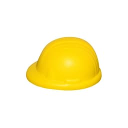 A hard hat in a bright yellow colour with a smooth surface and rounded shape. It features a logo.