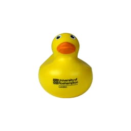 A yellow rubber duck with an orange beak and a logo on the body.