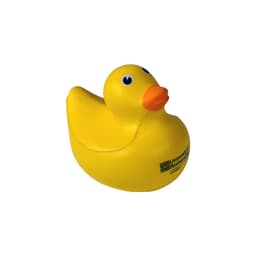 A yellow rubber duck with an orange beak and a logo on its side.