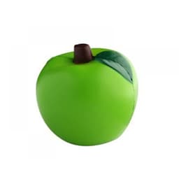 A green stress apple featuring a brown stem and a leaf, with a smooth, matte finish. It has a logo on the side.