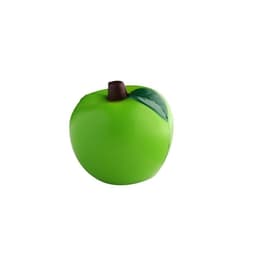 A green stress ball shaped like an apple, featuring a brown stem and a green leaf. It includes a logo.