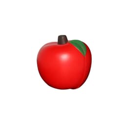 A stress ball shaped like a bright red apple with a green leaf and a brown stem, featuring a logo.