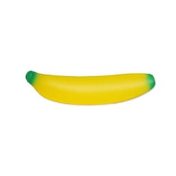 A stress-relief toy shaped like a yellow banana with a green tip and a smooth texture. It has a logo on one side.