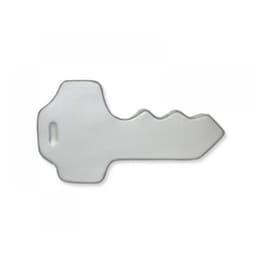 A silver key-shaped anti-stress product with a smooth surface and rounded edges, featuring a logo.