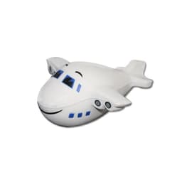 A small, white aeroplane-shaped product with blue detailing and a smiling face. It features a branding logo.