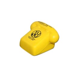 A stress relief toy in the shape of a telephone, coloured bright yellow, featuring a logo.