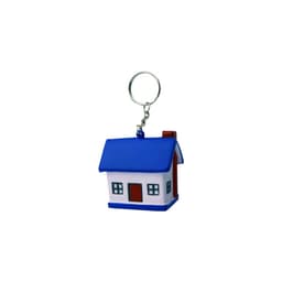 A blue and white house-shaped keyring with a keychain attachment.