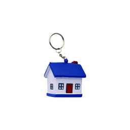 A keyring shaped like a house, featuring blue, white, and red colours with a silver chain.