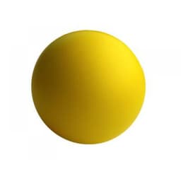 A round, yellow stress ball with a smooth surface, featuring a logo on one side.