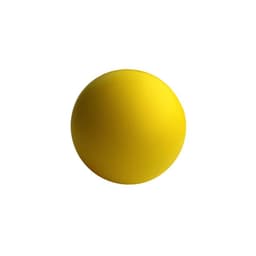 A yellow stress ball with a smooth surface, featuring a simple round shape. It has a logo on it.