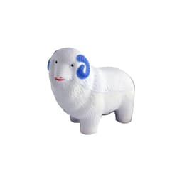 A sheep-shaped toy with a fluffy white body and blue accents on its ears. It has a friendly facial expression.