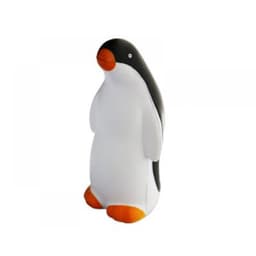 A stress relief toy shaped like a penguin, featuring black, white, and orange colours with a simple design.
