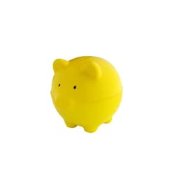A yellow pig-shaped container with a smooth surface and simple facial features, featuring a logo.