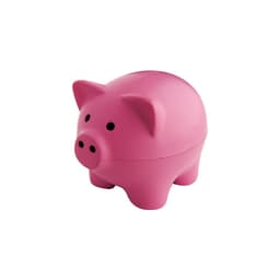 A pink pig-shaped container with round eyes and a slot for coins. It features a glossy finish and a rounded base.