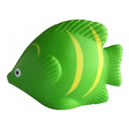 A green fish-shaped promotional product with yellow stripes and a simplistic design. It features a logo.