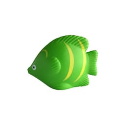 A green fish-shaped product with yellow stripes and a friendly expression, featuring a logo on the side.
