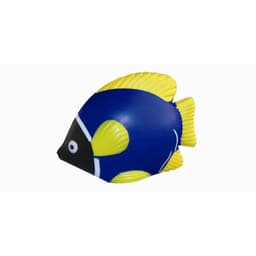A tropical fish-shaped toy in blue and yellow, featuring fins and a detailed design. It has a small eye and a logo.