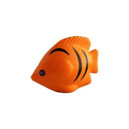 A toy fish in vibrant orange with black stripes, shaped like a tropical fish. It has round eyes and a smooth surface.