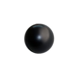 A black stress ball with a smooth, shiny surface, featuring a small seam. It has a circular shape.