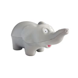 A grey stress relief elephant with cartoonish features, including large eyes and a smiling mouth.