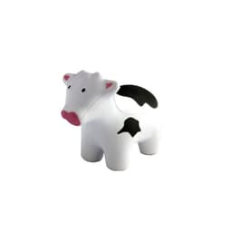 A stress relief cow toy in white and black, featuring a pink nose and ears, with a logo on its side.