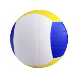 A stress hackey sack ball featuring blue, yellow, and white sections with a textured surface and a logo.