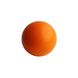 An orange stress ball with a smooth surface and round shape, featuring a logo on one side.