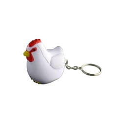 A white keyring shaped like a rooster with red and yellow details and a metal chain attachment.