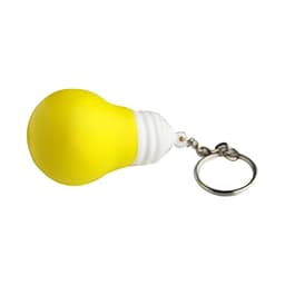A yellow light bulb keyring with a silver keychain attachment, featuring a white base.
