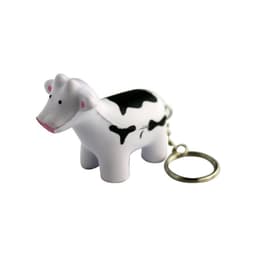 A white and black cow-shaped keyring with a metal keychain. It features a cute, cartoonish design.