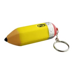 A yellow pencil-shaped keyring with a silver cap and a red eraser, featuring a logo.