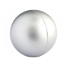 A silver stress ball with a smooth, metallic finish and a seam around the middle. It features a logo.